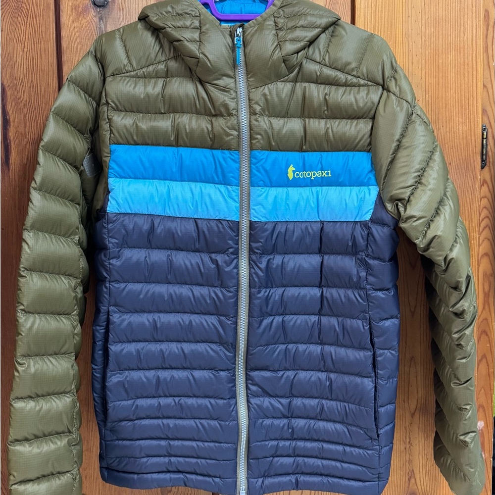 Cotopaxi Olive, Teal & Navy Colorblock Hooded Puffer Jacket